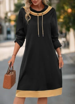 Black Pocket Long Sleeve Cowl Neck Shift Dress -Modlily Shop 341467 P 16946886214870