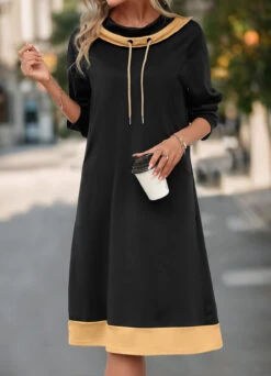 Black Pocket Long Sleeve Cowl Neck Shift Dress -Modlily Shop 341467 P 16946886218213