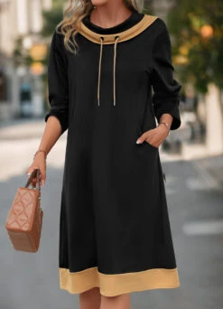 Black Pocket Long Sleeve Cowl Neck Shift Dress