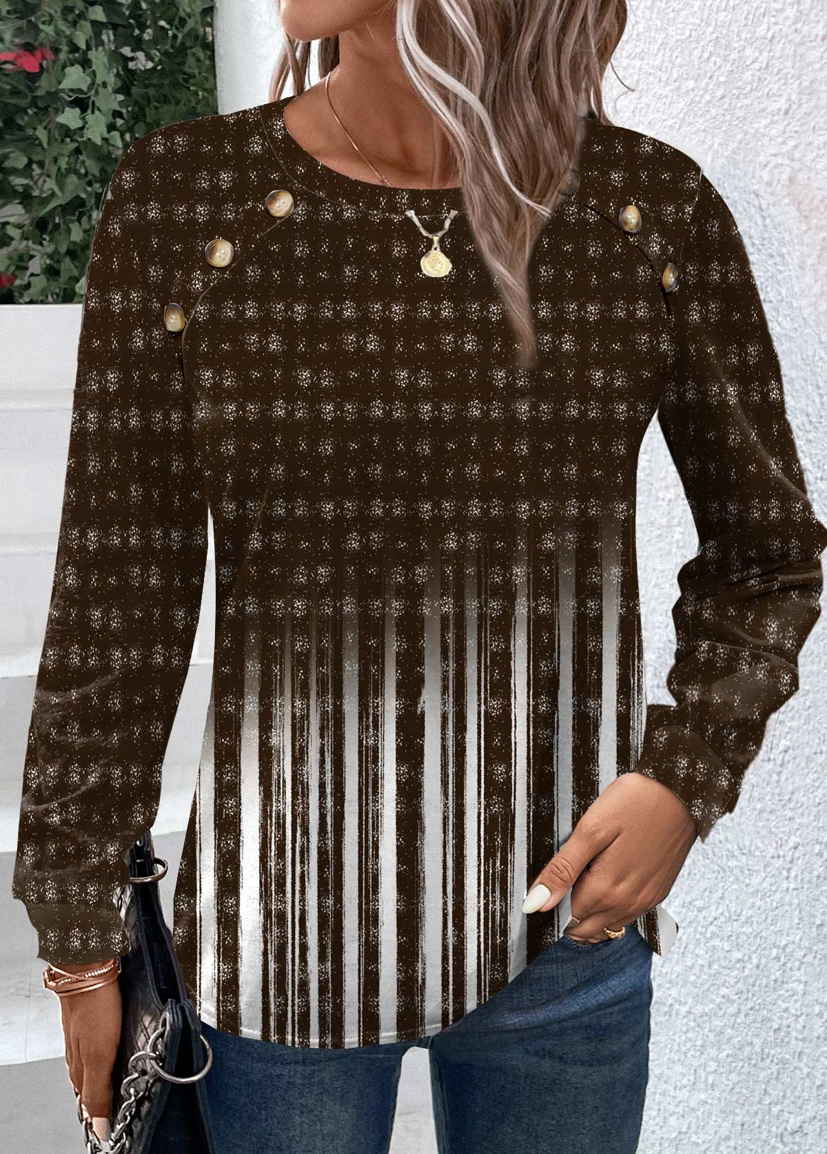 Dark Camel Button Ombre Long Sleeve T Shirt 5 Dark Camel Button Ombre Long Sleeve T Shirt - Image 3