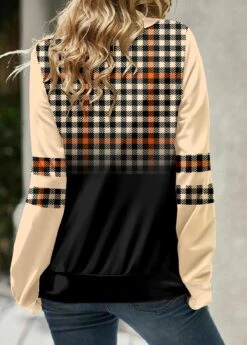Light Coffee Patchwork Plaid Long Sleeve Sweatshirt -Modlily Shop 341510 P 1693292008127