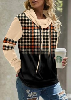 Light Coffee Patchwork Plaid Long Sleeve Sweatshirt -Modlily Shop 341510 P 1693292008334