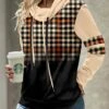 Light Coffee Patchwork Plaid Long Sleeve Sweatshirt -Modlily Shop 341510 P 1693292008703