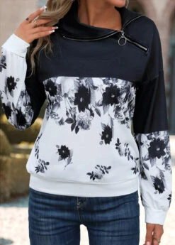Black Patchwork Floral Print Long Sleeve Asymmetrical Neck Sweatshirt -Modlily Shop 341638 P 16966735160875