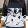 Black Patchwork Floral Print Long Sleeve Asymmetrical Neck Sweatshirt -Modlily Shop 341638 P 16966735163870