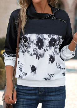 Black Patchwork Floral Print Long Sleeve Asymmetrical Neck Sweatshirt -Modlily Shop 341638 P 16966735169674