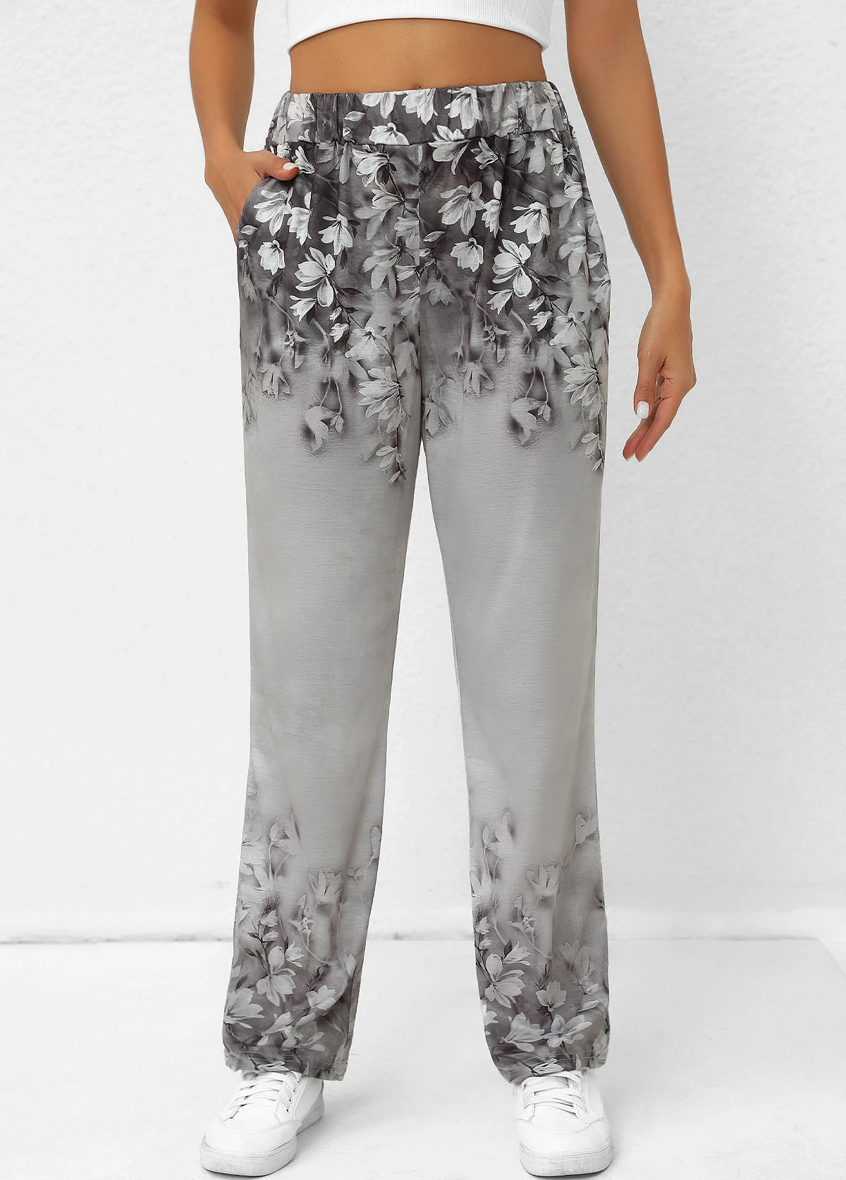 Grey Pocket Random Floral Print Elastic Waist Pants 3 Grey Pocket Random Floral Print Elastic Waist Pants