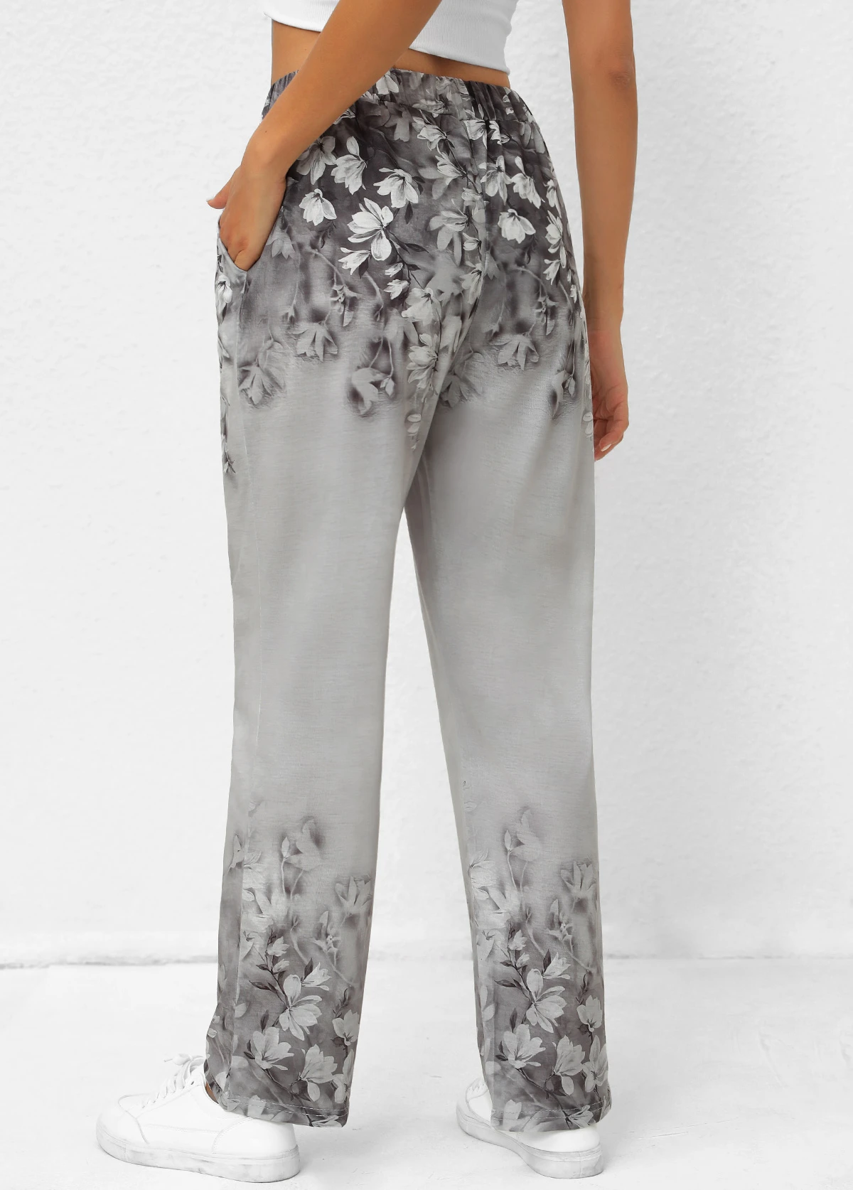 Grey Pocket Random Floral Print Elastic Waist Pants 4 Grey Pocket Random Floral Print Elastic Waist Pants - Image 2