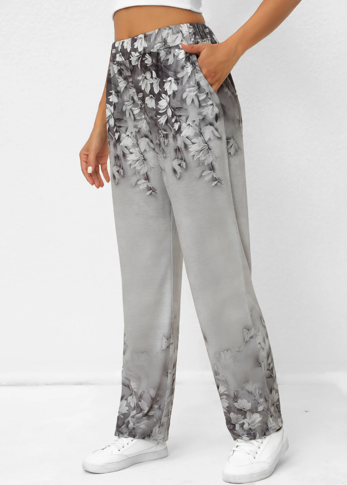 Grey Pocket Random Floral Print Elastic Waist Pants 5 Grey Pocket Random Floral Print Elastic Waist Pants - Image 3