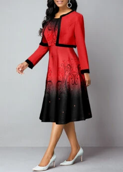 Red Contrast Binding Ombre Two Piece Suit Dress And Cardigan -Modlily Shop 341688 P 1693384865381