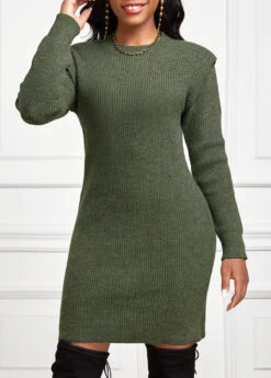 Olive Green Short Long Sleeve Round Neck Dress -Modlily Shop 341722 P 16969223781594