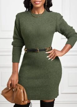 Olive Green Short Long Sleeve Round Neck Dress -Modlily Shop 341722 P 16969223785513
