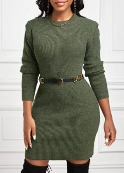 Olive Green Short Long Sleeve Round Neck Dress