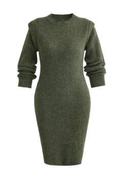 Olive Green Short Long Sleeve Round Neck Dress -Modlily Shop 341722 P 16969223788375