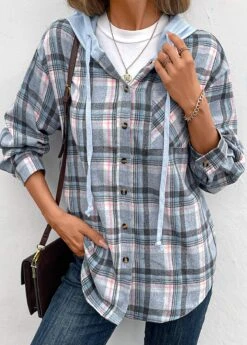 Blue Drawstring Plaid Long Sleeve Hooded Coat -Modlily Shop 341784 P 16952994203075