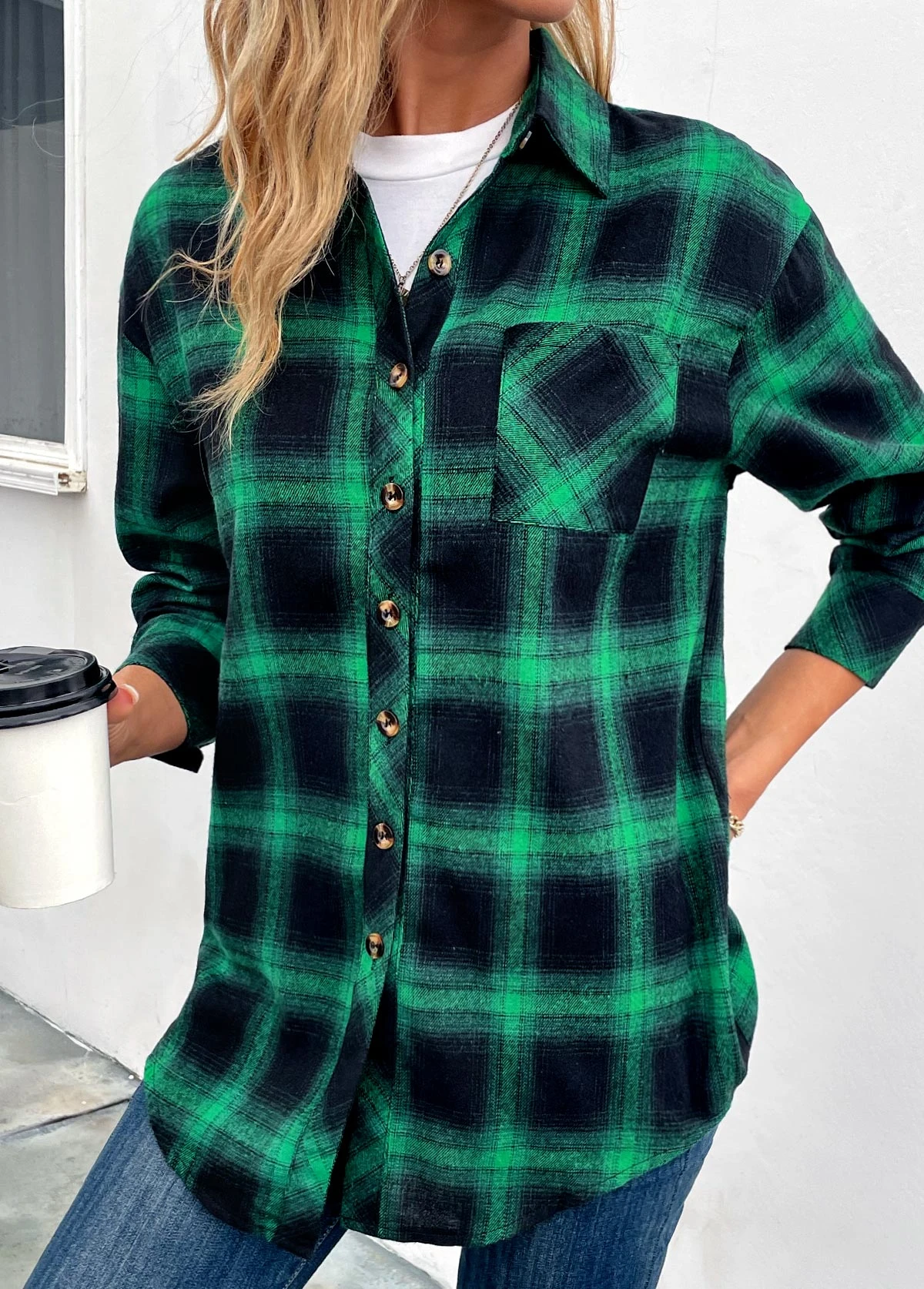 Green Button Plaid Long Sleeve Shirt Collar Coat 5 Green Button Plaid Long Sleeve Shirt Collar Coat - Image 3