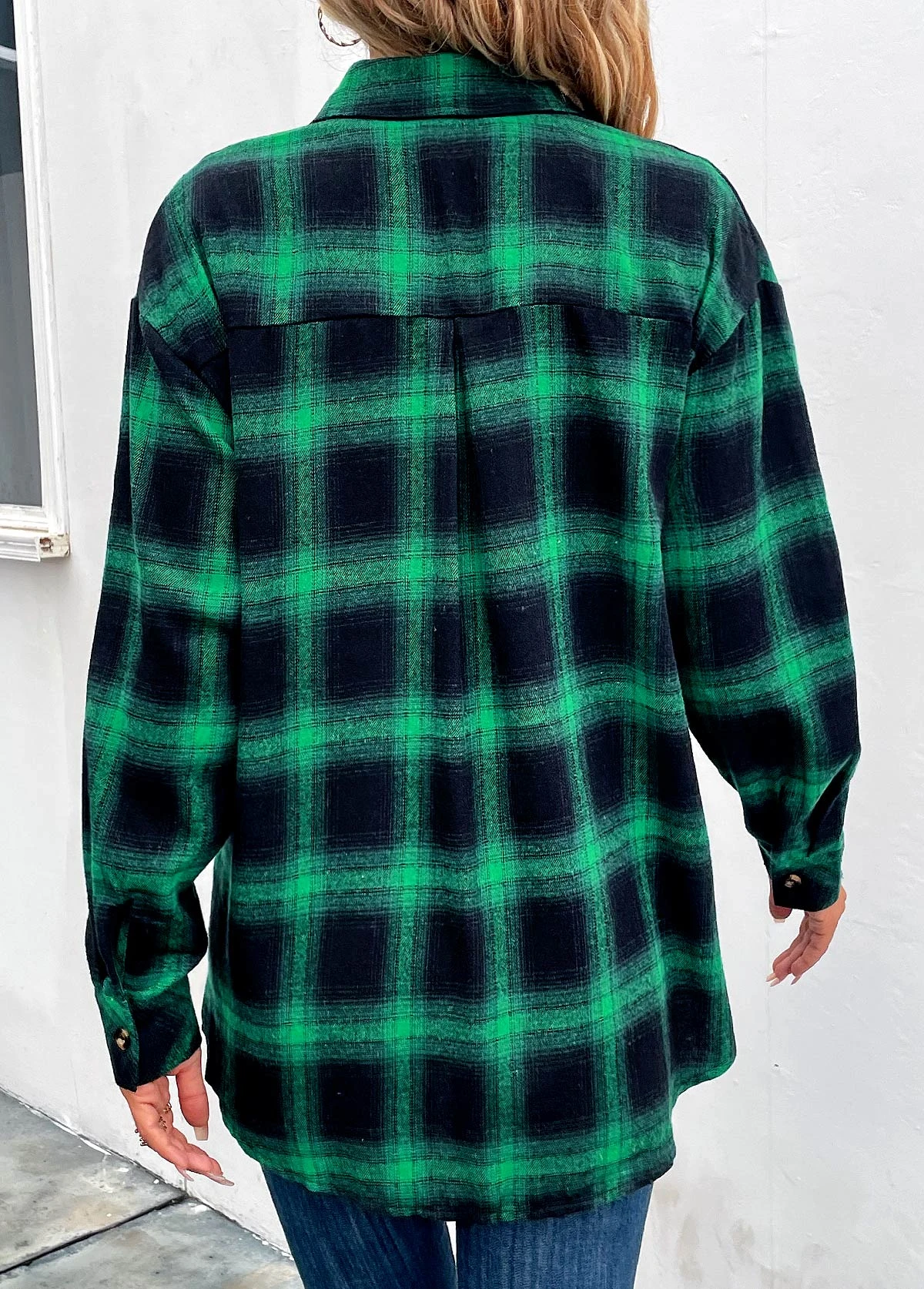 Green Button Plaid Long Sleeve Shirt Collar Coat 4 Green Button Plaid Long Sleeve Shirt Collar Coat - Image 2