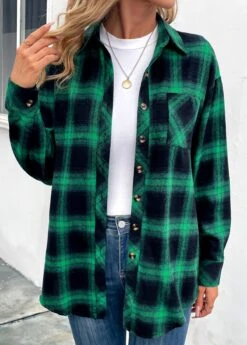 Green Button Plaid Long Sleeve Shirt Collar Coat 10 Green Button Plaid Long Sleeve Shirt Collar Coat -Modlily Shop 341785 P 16952120875773