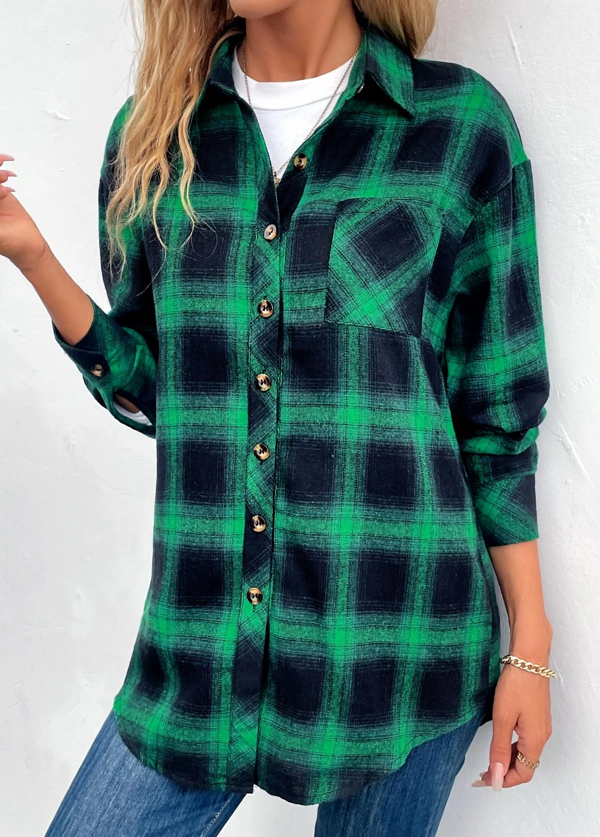 Green Button Plaid Long Sleeve Shirt Collar Coat 7 Green Button Plaid Long Sleeve Shirt Collar Coat - Image 5