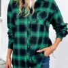 Green Button Plaid Long Sleeve Shirt Collar Coat