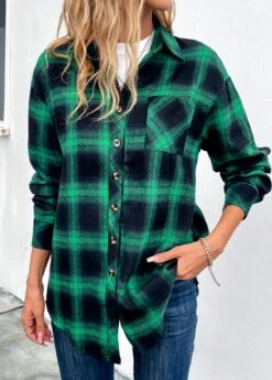 Green Button Plaid Long Sleeve Shirt Collar Coat