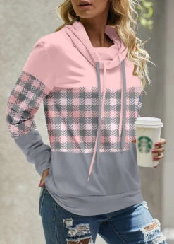 Light Pink Patchwork Plaid Long Sleeve Cowl Neck Sweatshirt -Modlily Shop 341801 P 1693554556778