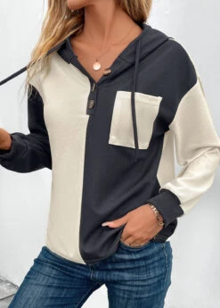 Beige Button Pocket Long Sleeve Hoodie -Modlily Shop 341836 P 16952995140782