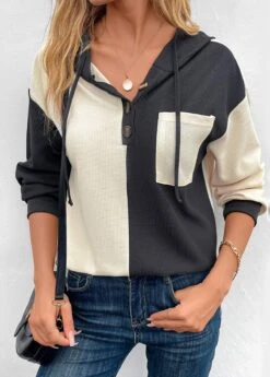Beige Button Pocket Long Sleeve Hoodie -Modlily Shop 341836 P 16952995147615