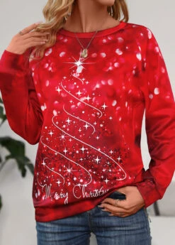 Wine Red Christmas Tree Print Long Sleeve Sweatshirt -Modlily Shop 341848 P 16992667445573