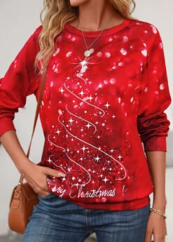 Wine Red Christmas Tree Print Long Sleeve Sweatshirt -Modlily Shop 341848 P 16992667446012