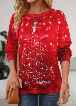 Wine Red Christmas Tree Print Long Sleeve Sweatshirt