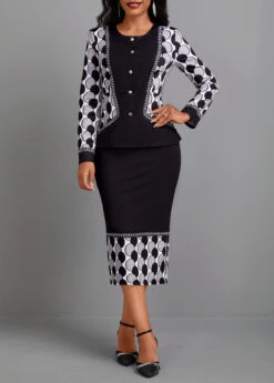 Black Geometric Print Long Sleeve Round Neck Dress 10 Black Geometric Print Long Sleeve Round Neck Dress -Modlily Shop 341869 P 16974524530853