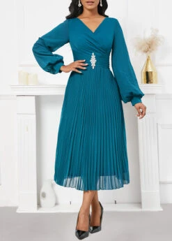 Turquoise Pleated Long Sleeve V Neck Dress -Modlily Shop 341884 P 16990068185143