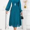 Turquoise Pleated Long Sleeve V Neck Dress -Modlily Shop 341884 P 16990068186520