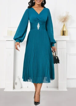 Turquoise Pleated Long Sleeve V Neck Dress
