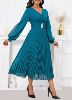 Turquoise Pleated Long Sleeve V Neck Dress -Modlily Shop 341884 P 16990068187912