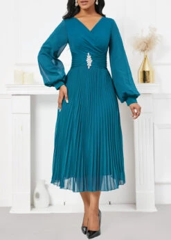 Turquoise Pleated Long Sleeve V Neck Dress -Modlily Shop 341884 P 16990068189664