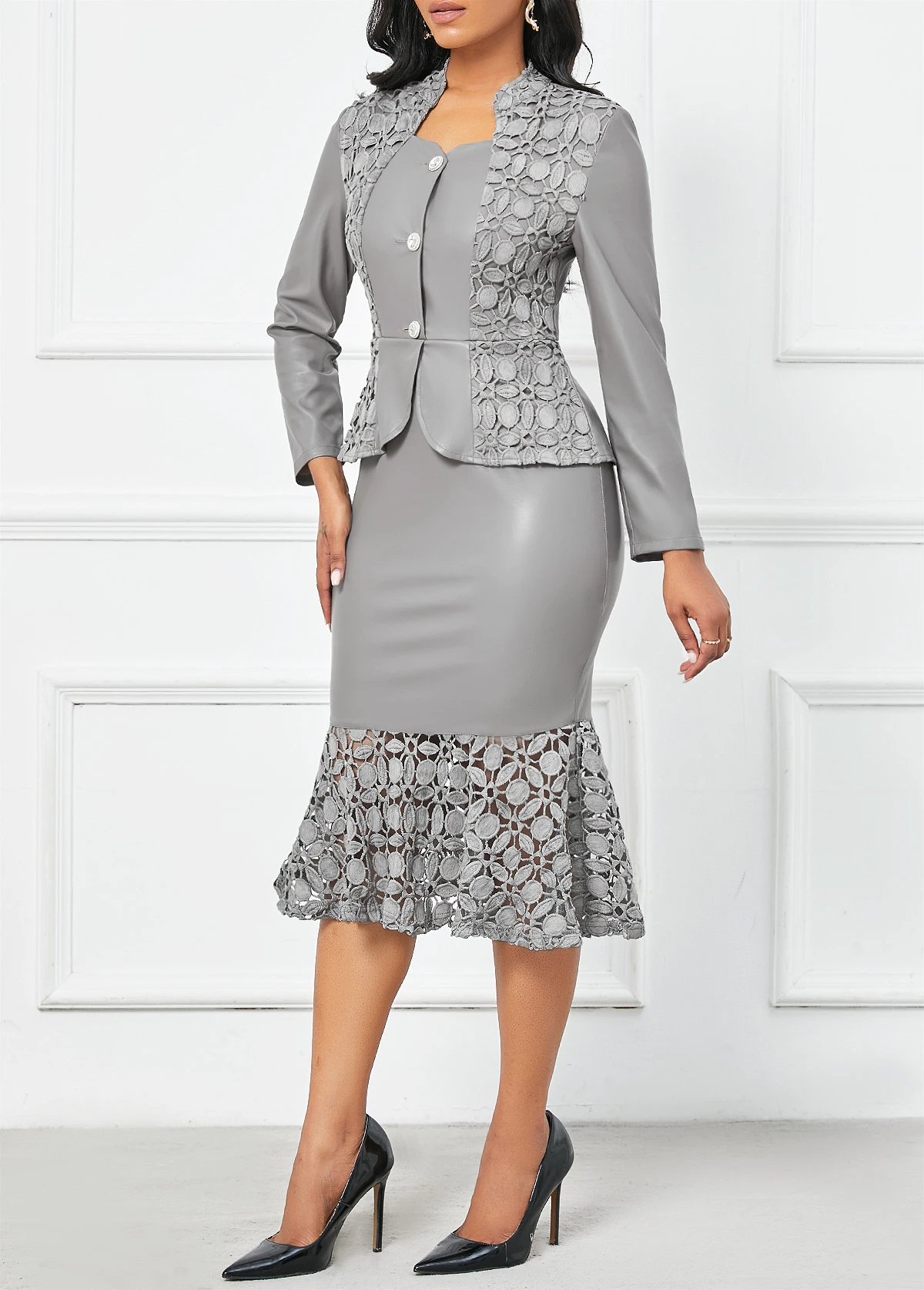 Patchwork Grey Lace Long Sleeve Dress 5 Patchwork Grey Lace Long Sleeve Dress - Image 3