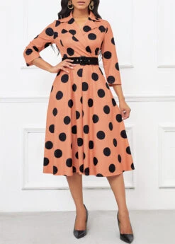 Light Coffee Umbrella Hem Polka Dot Belted Lapel Dress -Modlily Shop 341888 P 16990086502854