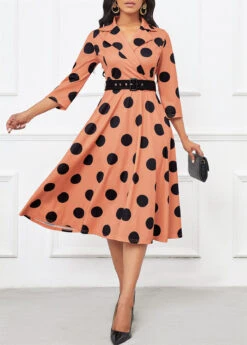 Light Coffee Umbrella Hem Polka Dot Belted Lapel Dress -Modlily Shop 341888 P 16990086505743