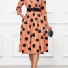 Light Coffee Umbrella Hem Polka Dot Belted Lapel Dress -Modlily Shop 341888 P 16990086507280