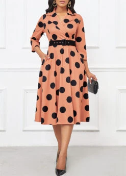 Light Coffee Umbrella Hem Polka Dot Belted Lapel Dress