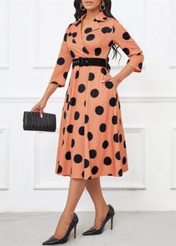 Light Coffee Umbrella Hem Polka Dot Belted Lapel Dress -Modlily Shop 341888 P 16990086508372