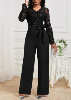Black Lace Long Belted V Neck Jumpsuit -Modlily Shop 341901 P 16975370133074