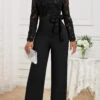 Black Lace Long Belted V Neck Jumpsuit