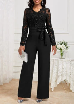 Black Lace Long Belted V Neck Jumpsuit
