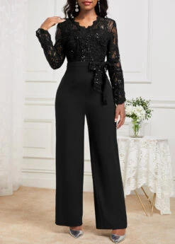 Black Lace Long Belted V Neck Jumpsuit -Modlily Shop 341901 P 16975370138243