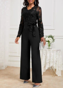 Black Lace Long Belted V Neck Jumpsuit -Modlily Shop 341901 P 16975370139192