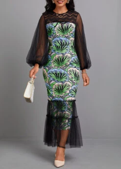 Black Plants Print Mermaid Maxi Bodycon Dress