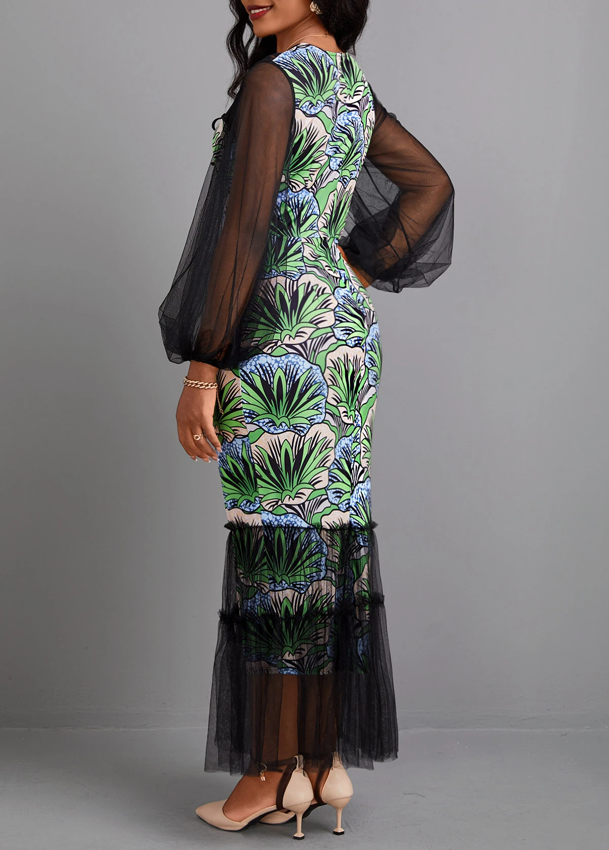 Black Plants Print Mermaid Maxi Bodycon Dress 4 Black Plants Print Mermaid Maxi Bodycon Dress - Image 2